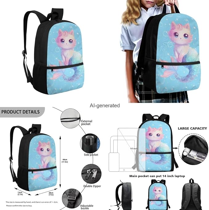 Mermaid Cat Backpack for School Girls Backpack with Lunch Box Water Bottle Holder with Strap and Cute Pencil Case 4PCS Set Bookbag with Front Pocket 17" Sturdy Elementary School Bag for Kids - Image 3