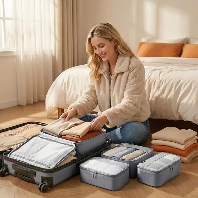 4 Piece Compression Packing Cubes for 3–7 Day Travel, Space Saving Travel Organizers with Breathable Mesh, Double-Zipper Packing Cubes for Carry-On & Suitcases (Silver) - Image 6