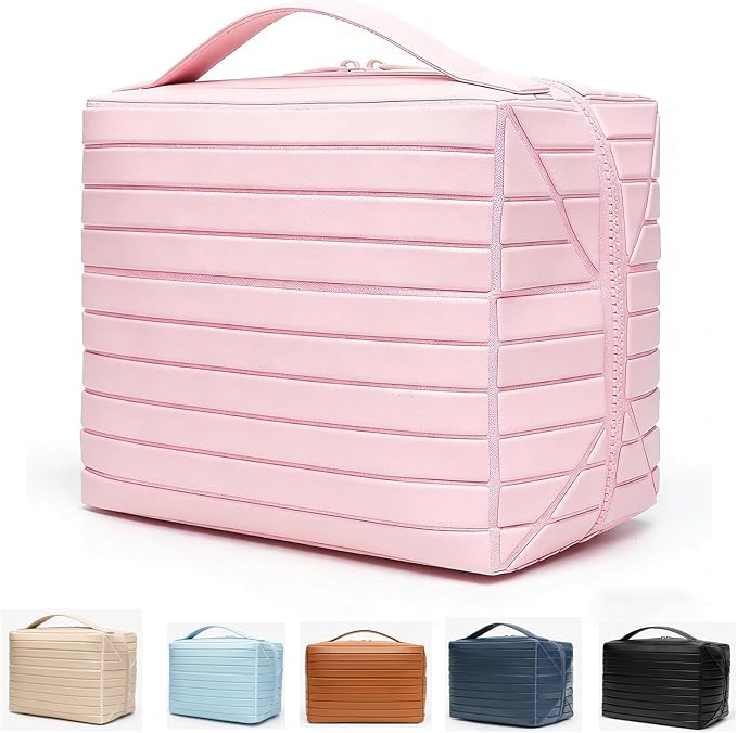 Makeup Bag Fold-Down – Waterproof PVC Travel Makeup Organizer Bag, Fold Down & Stand-Up Design, Large Capacity, Holds Brushes, Cosmetics & Toiletries for Travel, Gym, Home (Pink) by Unknown