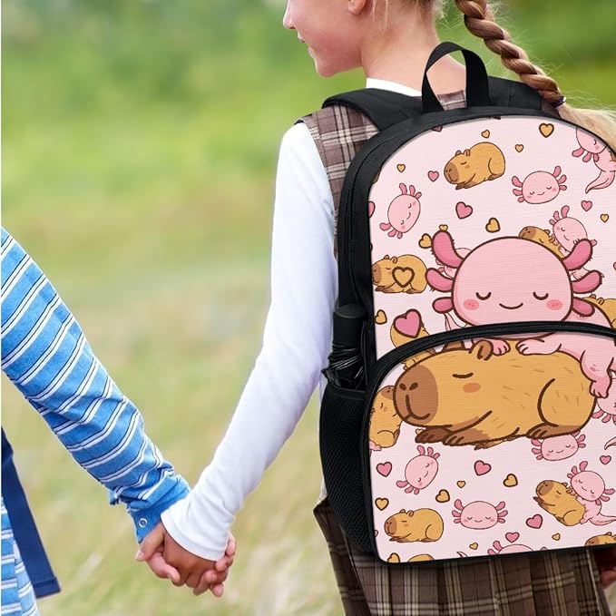 Cute Axolotl Capybara Pink Backpack for Girls, School Backpack Bookbag Lunch Box Pen Case for Elementary Primary Middle School, Kids Backpacks Schoolbag Water Bottle Holder Set 4 in 1 - Image 7