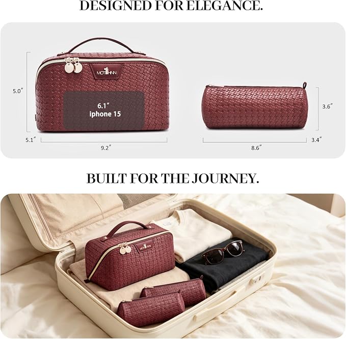 Travel Makeup Bag for Women: Designer 3 Pcs Set Cosmetic Bags for Women - Large Capacity Vagen Leather Hand-made for Toiletry Organizer - Ladies Travel Flat Open Essentials for Luxury (09Red) - Image 5