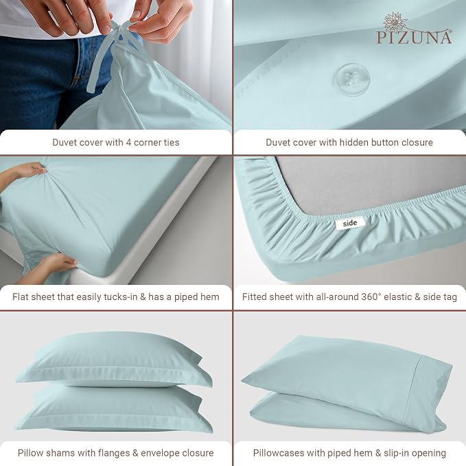 Pizuna Pure 100% Long-Staple Cotton Duvet Cover + Sheet Set Twin, Luxurious 400 Thread Count Long Staple Cotton, Soft Sateen Weave Bedding Set (Baby Blue) - Image 4
