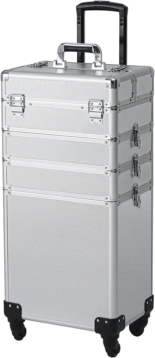 Karl home 4 in 1 Makeup Train Case Rolling Cosmetic Trolley Large Capacity Travel Organizer with Key 360°Swivel Wheels Suitcase for Beauticians Hairstylists Nail Tech Students, Silver by Karlhome