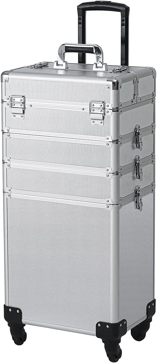 Karl home 4 in 1 Makeup Train Case Rolling Cosmetic Trolley Large Capacity Travel Organizer with Key 360°Swivel Wheels Suitcase for Beauticians Hairstylists Nail Tech Students, Silver by Karlhome