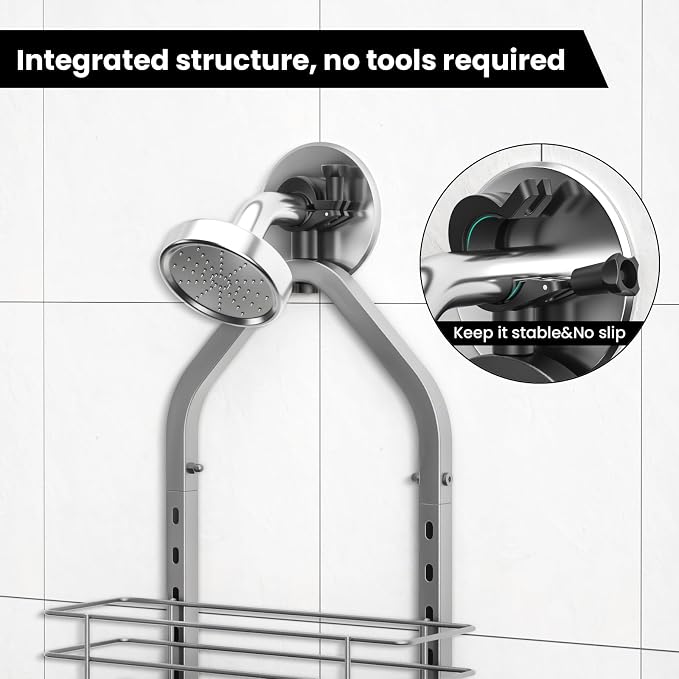 Shower Caddy Hanging (Silver), Adjustable Anti-Swing-Over The Shower Head Caddy, 3 Tier Height Bathroom Storage Organizer Bathroom Shelves Basket Rack Shower Caddies (3Tier) - Image 2