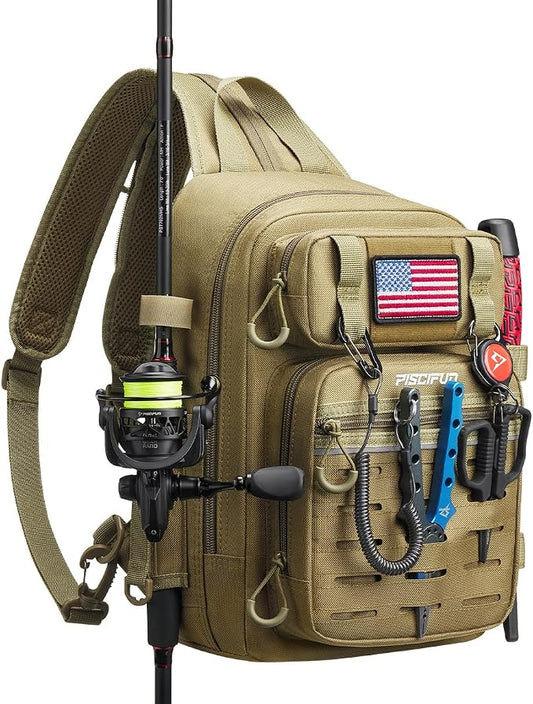 Piscifun Fishing Backpack Tackle Bag with 2 Rod Holders, Multi-Compartment Storage, MOLLE System, Water-Resistant Lightweight Outdoor Pack by Piscifun