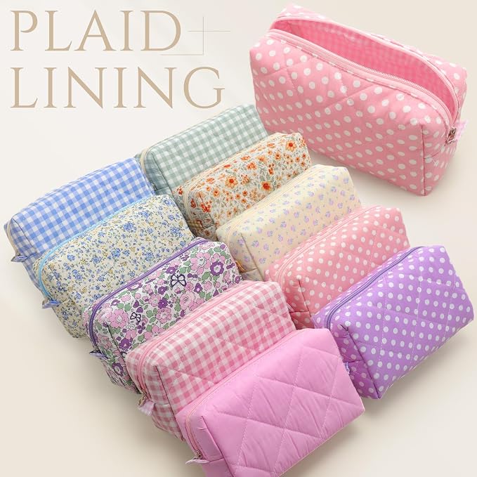Paterr 10 Pcs Quilted Makeup Bag Bulk Cotton Floral Cosmetic Bag Women Girls Bridesmaid Gifts Cute Makeup Pouch Coquette Aesthetic Travel Toiletry Organizer(Plaid Style,7.87 x 4.72 x 3.15 Inches) - Image 3