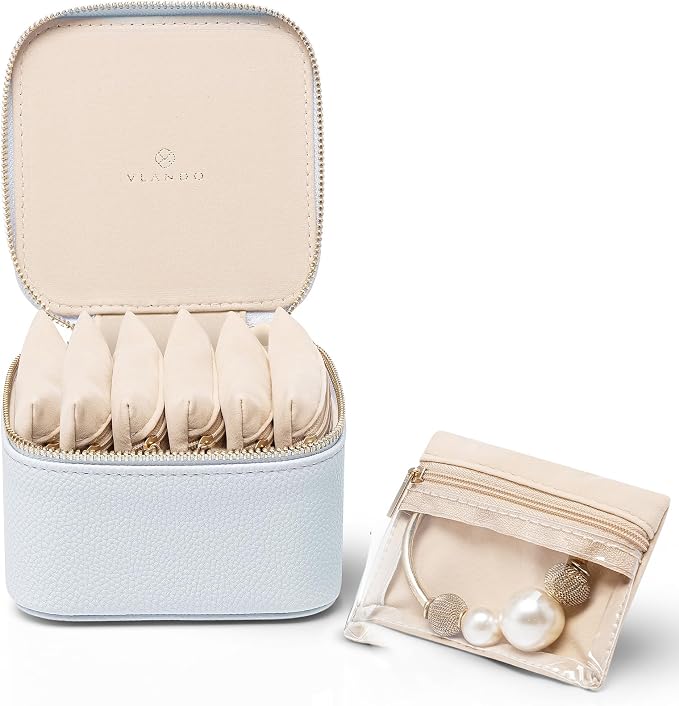 VLANDO Travel Jewelry Organizer Case with 6 Clear Velvet Zipper Pouches, Faux Leather Jewelry Storage Box for Rings, Earrings, Necklaces and Bracelets, Gift for Women by VLANDO