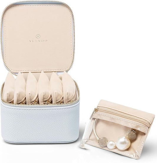VLANDO Travel Jewelry Organizer Case with 6 Clear Velvet Zipper Pouches, Faux Leather Jewelry Storage Box for Rings, Earrings, Necklaces and Bracelets, Gift for Women by VLANDO