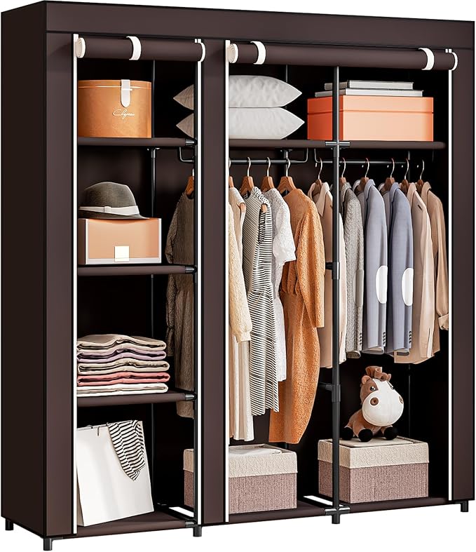 SORCEDAS Portable Wardrobe Closet Storage Organizer Metal Hanging Rack Non-Woven Fabric (Coffee, 51 Inch) by SpecialYourHome