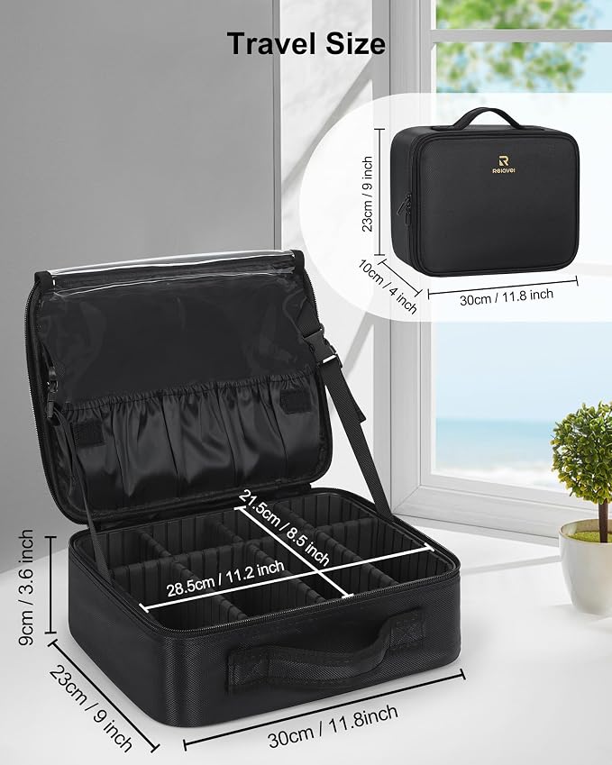 Relavel Makeup Bag Travel Makeup Train Case Large Capacity Cosmetic Case Professional Portable Makeup Brush Holder Organizer and Storage Box with Adjustable Dividers Black - Image 5