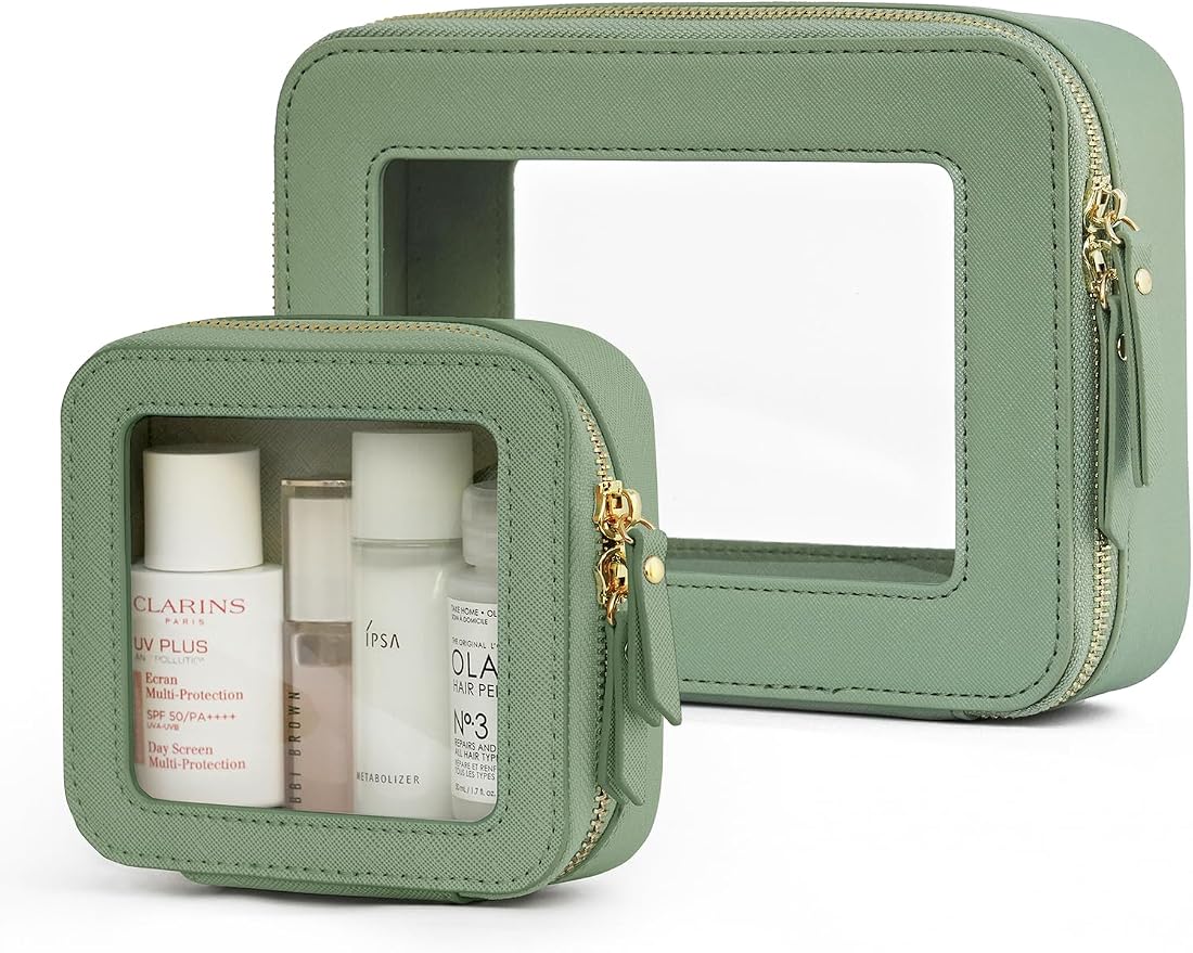 Popvibe Clear Makeup Case Toiletry Bag Travel Medium Clear Cosmetic Bag with Zipper, Make Up Bag Organizer Traveling TSA Approved Transparent Bag Car for Essentials, Mini & Medium, Sage Green by POPVIBE