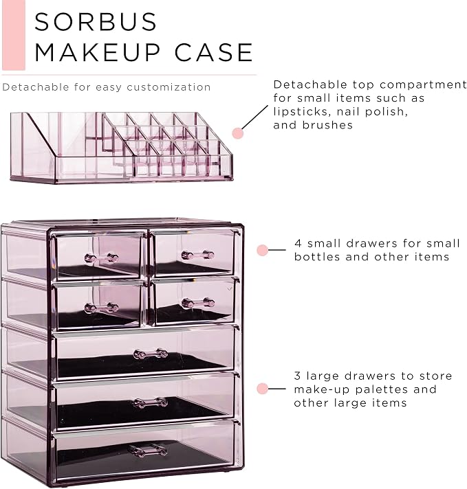 Sorbus Acrylic Makeup Organizer Set, 7-Drawer Vanity & Countertop Cosmetic Storage with Small & Wide Compartments, Purple Makeup Storage for Brushes, Jewelry – Holiday Gift for Women & Teens - Image 4
