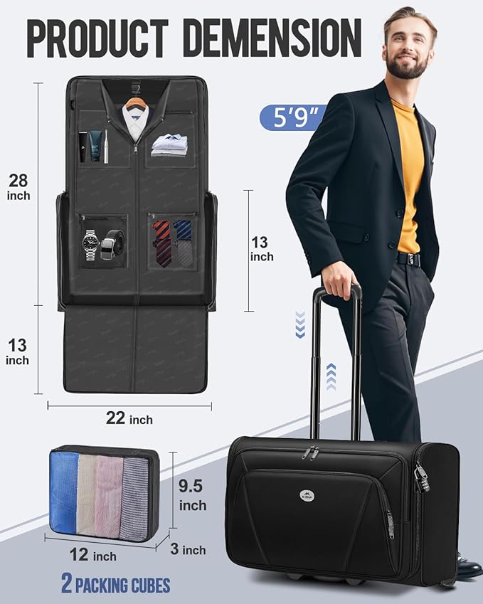 MATEIN Carry On Garment Bag with Wheels, Wheeled Garment Travel Suit Bag | For Airline Travel, 2 Packing Cubes, 22x14x9, Business 2 Wheel Luggage Suitcase, Fits 17.3" Laptop, For Men Women, Black - Image 3