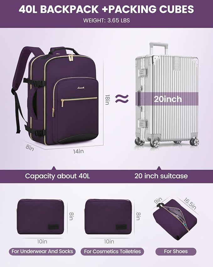 LOVEVOOK 40L Travel Backpack Flight Approved Carry on Backpack,3 Packing Cubes,Waterproof Personal Item Travel Bag,TSA Carry on Luggage Suitcase Travel Essentials,Gifts for Women & Men,fits 17" Laptop - Image 5