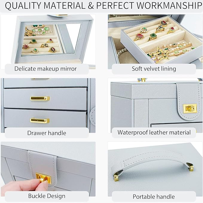 AKOZLIN 6-Tier Jewelry Box Organizer Functional 5 Drawers Leather Jewelry Storage Case for Women Girls Ring Necklace Earring Bracelet Holder Organizer with Mirror Grey Regular - Image 6