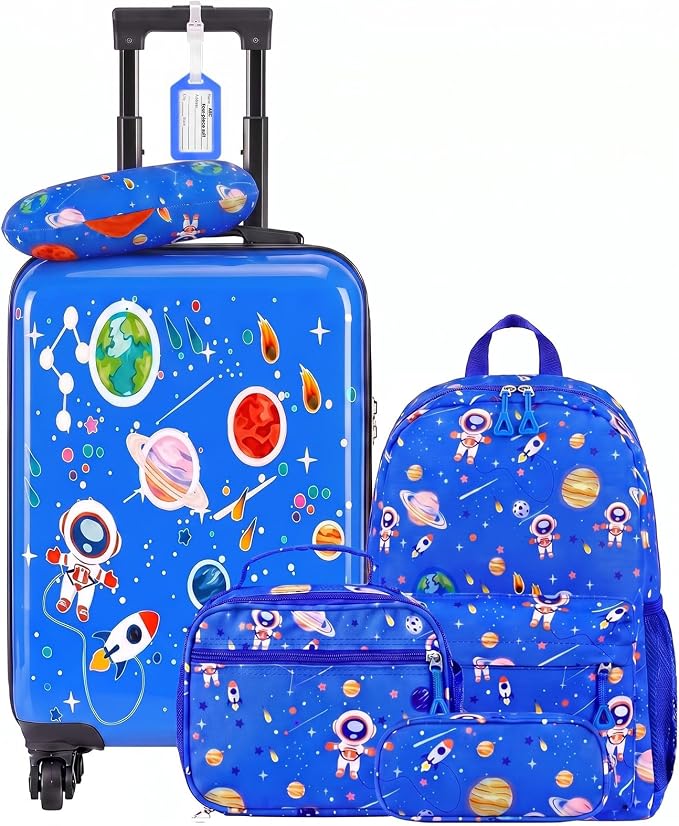 Redbaker 6 Pcs Luggage Set, 17 Inch Rolling Suitcase with Backpack, Lunch Bag and Neck Pillow, Blue Astronaut Travel Set for Summer Vacation, Weekend Trips and Sleepovers by Redbaker