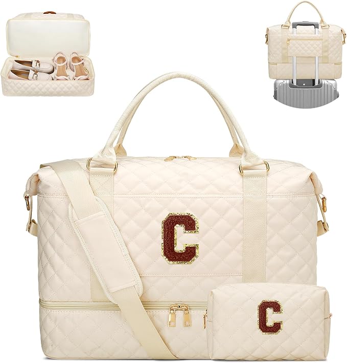 Birthday Gift for Women Initial Travel Duffle Bag Quilted Weekender Bags Carry-On Overnight with Cosmetic Bag, Gym Bag with Shoe Compartment Hospital Bag for Women Labor Delivery, Beige-C by Unknown