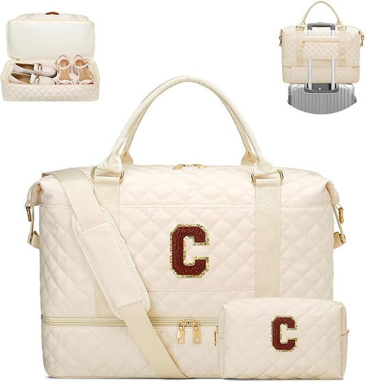 Birthday Gift for Women Initial Travel Duffle Bag Quilted Weekender Bags Carry-On Overnight with Cosmetic Bag, Gym Bag with Shoe Compartment Hospital Bag for Women Labor Delivery, Beige-C by Unknown