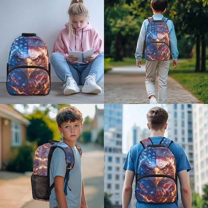 American Flag Eagle Backpack for Boys Kid's School Bag Bookbag with Insulated Lunch Bag and Pen Bag Pencil Case Water Bottle Holder Sling Bag Set - Image 3