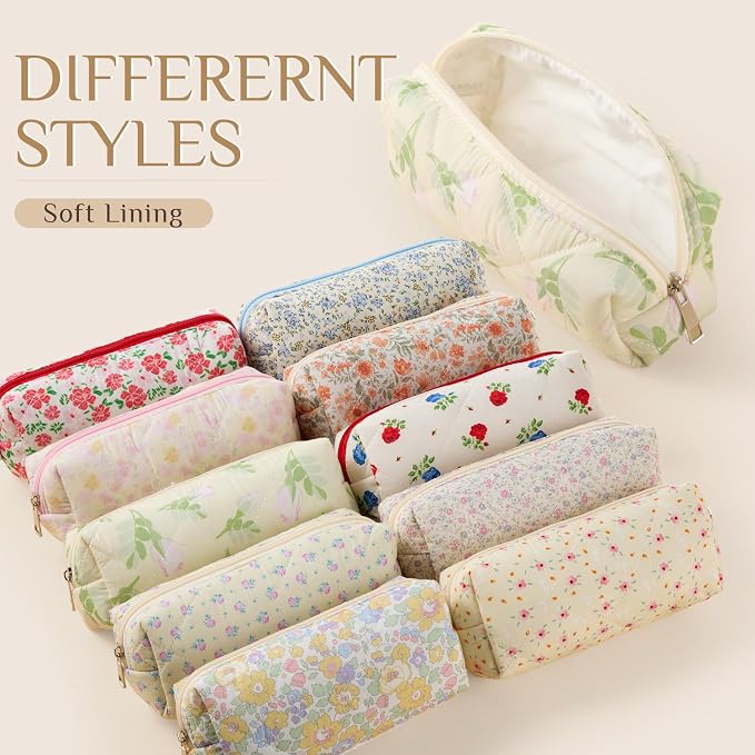 Paterr 10 Pcs Quilted Makeup Bag Bulk Cotton Floral Cosmetic Bag Women Girls Bridesmaid Gifts Cute Makeup Pouch Coquette Aesthetic Travel Toiletry Organizer(Rustic Floral,7.48 x 2.36 x 3.15 Inches) - Image 6