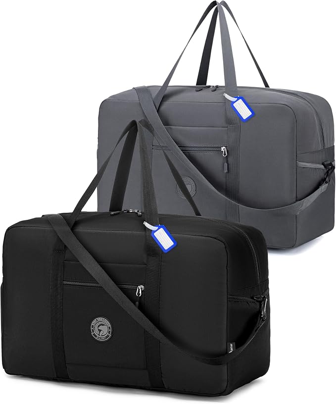 2 Piece Carry on Bag 22x14x9 Airlines Approved, 48L Canvas Travel Duffel Bags for Men Women Duffle Bag for Airplane Weekender Overnight Gym (Black+Grey) by Nixjoro