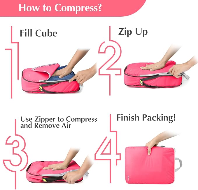 Gonex Compression Packing Cubes, 4pcs Expandable Storage Travel Luggage Bags Organizers (Bright Pink) - Image 7