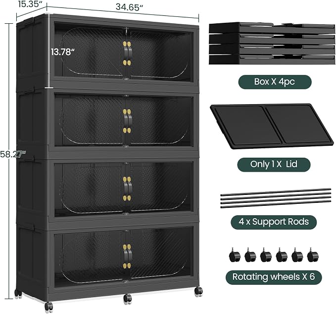 240Gal/960QT 4-Tiers Extra Large Stackable Storage Bins with Lid, Collapsible Cabinet Closet Organizer Plastic Container Box with Wheels Doors Drawers for Office Dorm Kitchen, Black - Image 2