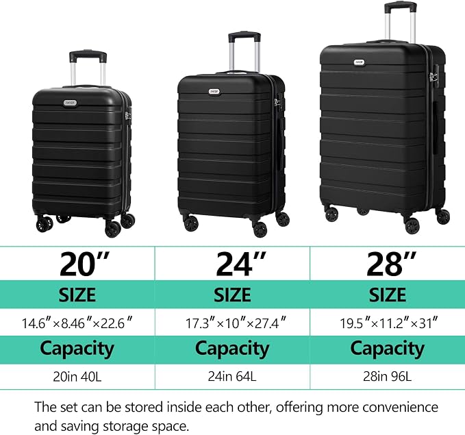 AnyZip Luggage Sets 3 Piece Hardshell Suitcase Set PC ABS Lightweight Travel Suitcases with 4 Double Spinner Wheels TSA Lock 20 24 28 Inch Black - Image 3