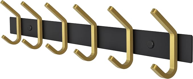 Coat Rack Wall Mount – Black and Gold Hook Rail with 6 Double Coat Hooks, 17 Inch Stainless Steel Wall Hooks for Entryway, Bathroom, Bedroom, Closet, Towel, Hat, Bag, Heavy Duty Organizer by SAYONEYES