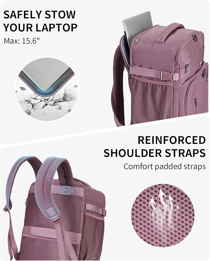 ECOHUB Travel Backpack for Women, 18x14x8 Frontier Airlines Personal Item Bag with Clear Toiletry Bag, Laptop Carry on Backpack with USB Port, Airline Approved Under Seat 14 Pockets 30L, Pink - Image 6