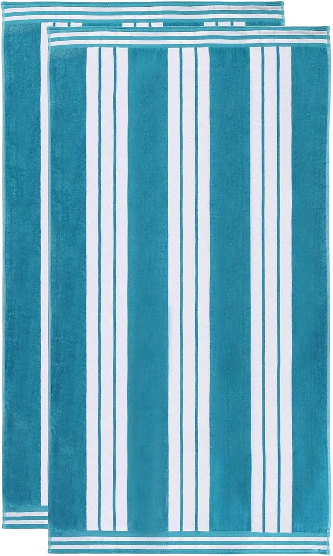 Superior Oversized Cotton Beach Towel Set of 2, Absorbent Towels for Bathroom, Pool, Swim, Adults, Kids, Vacation, Travel, Bath, Quick Dry Basics, Trip Essentials, Striped Decor, Turquoise - Image 2