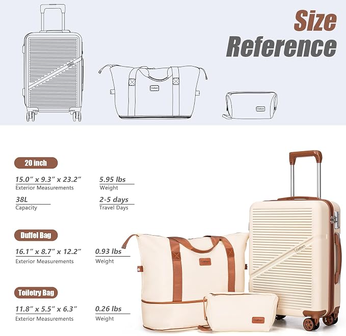 Cosbarn Carry On Luggage Set 22x14x9 Airline Approved, 3 Piece 20 Inch Lightweight ABS Hardside Suitcases with Wheels and TSA Lock, Durable Waterproof Travel Suitcase for Men Women - Image 6