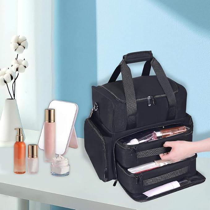 Large Makeup Bag with 2 Removable Case Cosmetic,Black | Large Makeup Bag with 2 Removable Case Multifunctional Cosmetic Bag Double Layer Travel Toiletry Organizer - Image 6