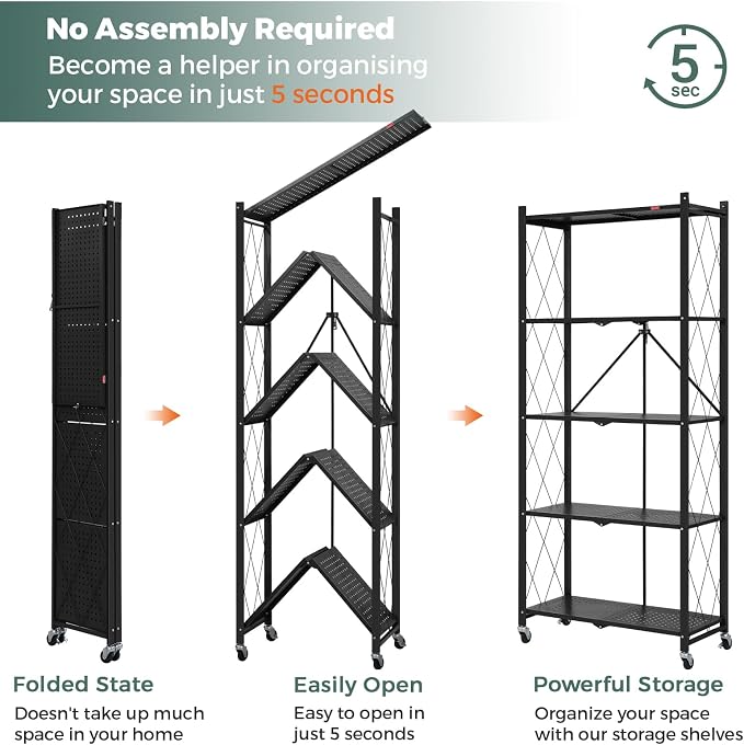 DEANIC 5 Tier Foldable Storage Shelves with Wheels, Large Capacity Shelving Unit, Freestanding Metal Wire Shelf Rack, No Assembly Organizer Rack for Garage Kitchen, Basement, Pantry,Black,4 Pack - Image 4