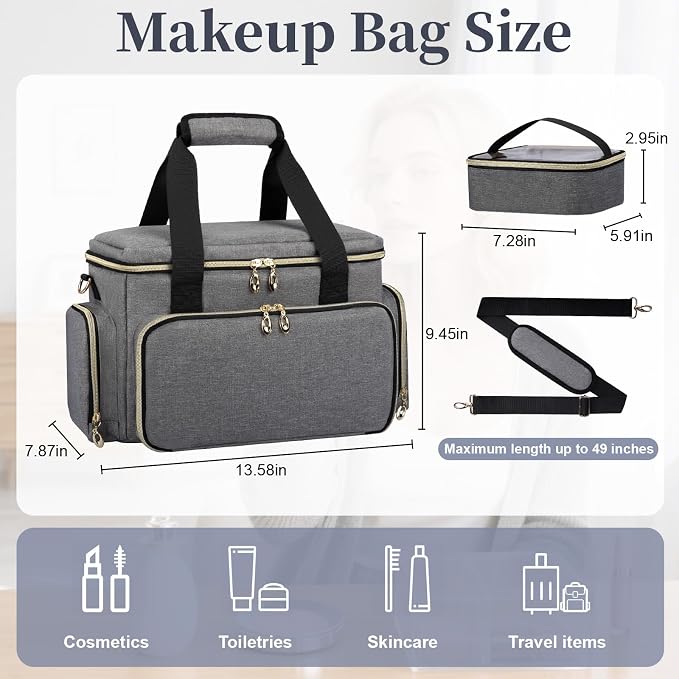 GDNasist Large Makeup Bag, Portable Travel Makeup Bag Organizer for Women Girls with 2 Removable Pouches & Detachable Dividers, Cosmetic Travel Bag, Toiletry Bag for Makeup and Hair Supplies Grey - Image 4