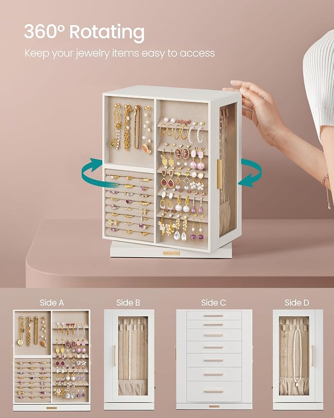 SONGMICS GISELLA Collection - Jewelry Box 360° Rotating, Jewelry Storage Case with 7 Drawers, Jewelry Organizer, Glass Window, Open Design, Great Gift, Light Warm White and Light Camel UJBC201W01 - Image 3