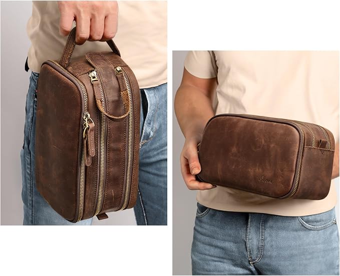 S-ZONE Leather Travel Toiletry Bag for Men Women Cosmetic Shaving Bags | Vintage Top Grain Leather, Multi Compartments, Bronze Hardware, Compact Dopp Kit - Image 6