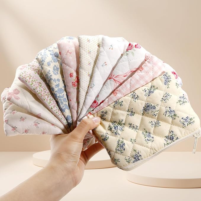 Paterr 10 Pcs Quilted Makeup Bag Bulk Cotton Floral Cosmetic Bag Women Girls Bridesmaid Gifts Cute Makeup Pouch Coquette Aesthetic Travel Toiletry Organizer(Bow Floral,6.30 x 3.94 Inches) - Image 3
