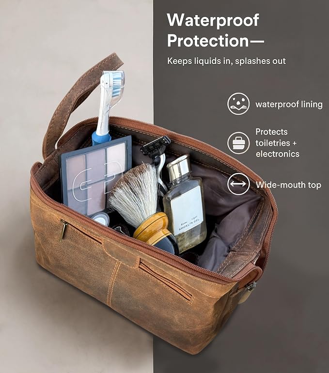 RUSTIC TOWN Full Grain Leather Toiletry Bag for Men – Wide Opening Dopp Kit with Metal Frame, Water-Resistant Travel Organizer for Shaving, Grooming & Accessories - Image 3