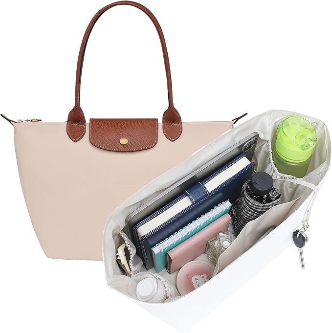 Doxo Purse Organizer Insert for Longchamp Le Pliage Large, 6-Compartment Bag Organizer with YKK Zipper Pocket, Cup Holder, Key Chain, Waterproof DupontPaper Lightweight Handbag Shaper (White Beige,L) by Doxo