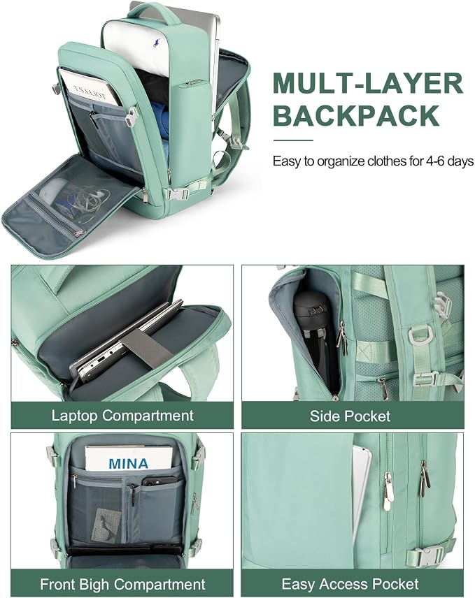 RDTGO Travel Backpack For Women,Personal Item Travel Bag Fits 17" Laptop,Flight Approved Carry-On Backpack, Hiking Backpack,Waterproof Outdoor College Casual Daypack (Green) - Image 4
