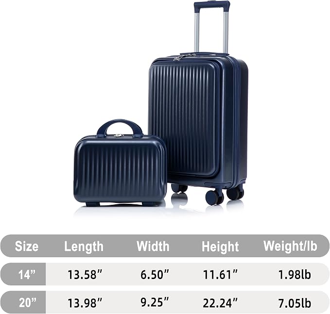 Gradient Color Suitcase 2-Piece Set, 20" Rotating Wheel Suitcase with 14" Cosmetic Case, Lightweight Durable Hardshell Luggage with 360° Spinner Wheels for Travel, Women & Girls (Navy) - Image 9