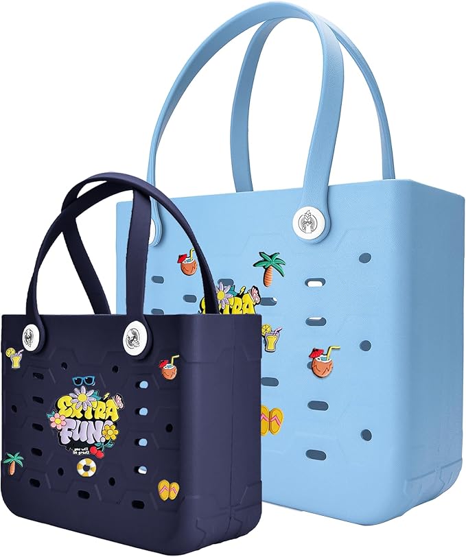 2-Pack Beach Bags Medium & Small,Waterproof Sandproof Rubber Tote Set for Women Men, Vacation Pool Boat Essentials by Unknown