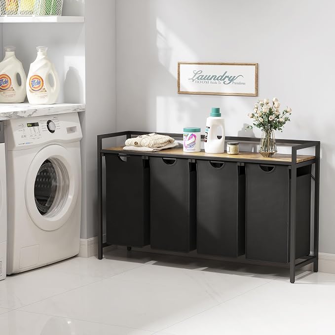 Lifewit Laundry Hamper 4 Section, 168L Pull out Laundry Clothes Basket Organizer with Large Top Shelf and 4 Removable Bags and Handles for Laundry Room Bedroom Bathroom, Black with A Shelf - Image 2