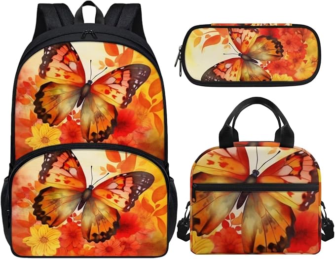 Orange Floral Butterfly Backpack Set for Girls Kids Lightweight Cute School Backpack with Lunch Box Pencil Case Adjustable Strap Padded Book Bag Insulated Lunch Bag - Image 2