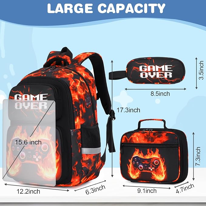 Bevalsa Backpack for Boys, School Bags for Kids, Bookbag for Boys Children Teens Backpacks for Elementary Middle High School Student, Bookbag and Lunch Bag Set with USB Charging Port (Orange Flame) - Image 2