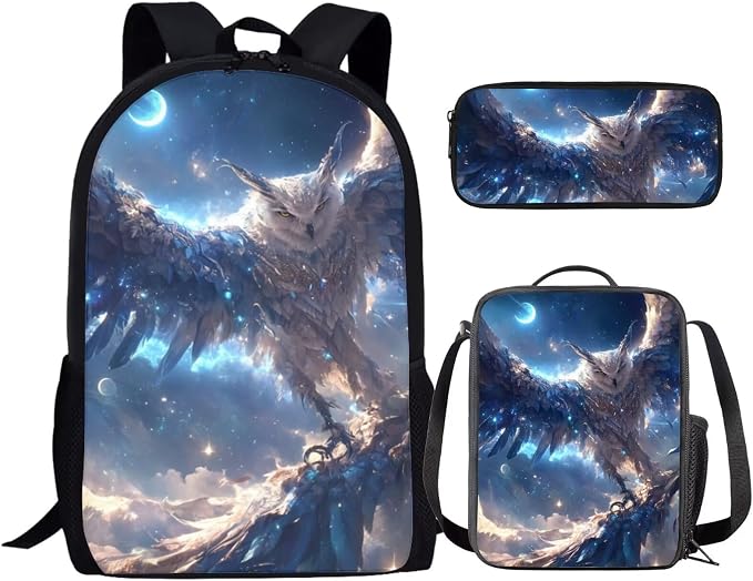 17 Inch Animal Print School Backpack And Lunch Box Set for Kids Lightweight Beautiful Magical Owl Backpack for Boys Girl Sturdy School Bag with Insulated Lunchbox Pencil Case Student Bookbag by Parprinty