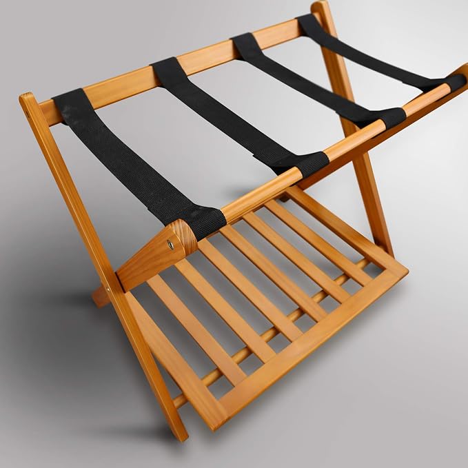 Casual Home Foldable Solid Wood Fully-Assembled Luggage Rack, 26.75"Wide with Shelf, Honey Oak - Image 7