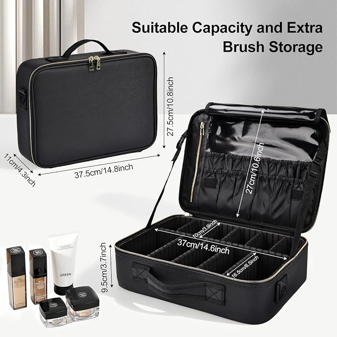 Travel Makeup Bag with Brush Holder, Professional Cosmetic Train Case Organizer, Portable Travel Makeup Brush Carry Case Artist Storage Box with Adjustable Dividers and Shoulder Strap, Leather Black - Image 2